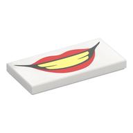 Tile 2 x 4 with Joker Mouth, Red Lips, Tan Teeth Print (White)