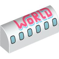 Brick Curved 1 x 4 x 1 1/3 No Studs with Airplane Windows, Coral 'WORLD' Print (White)