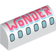 Brick Curved 1 x 4 x 1 1/3 No Studs with Airplane Windows, Coral 'WONDER' Print (White)