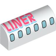 Brick Curved 1 x 4 x 1 1/3 No Studs with Airplane Windows, Coral 'LINER' Print (White)