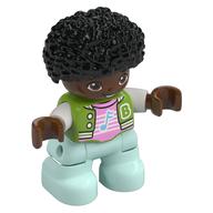 Duplo Figure Child, Afro Black, Light Aqua Legs, Bright Pink Shirt Print (Lime)
