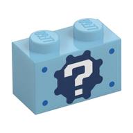 Brick 1 x 2 with '?' on Gear Background and Blue Spots Print (Medium Azure)