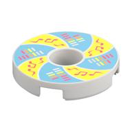 Tile Round 2 x 2 with Hole with Bright Light Yellow/Medium Azure Swirl, Coral Music Notes, Sound Bars Print (White)