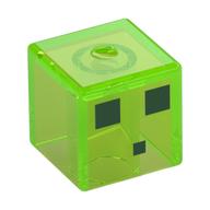 Minifig Head Special, Cube with Slime, 3 Dark Green Squares Print (Trans-Bright Green)