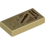 Tile 1 x 2 with Dark brown Wand, Scribbles, 'W', 'L', Silver Stars Print (Tan)