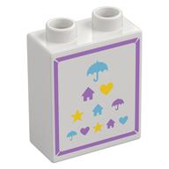 Duplo Brick 1 x 2 x 2 with Medium Lavender Border, Medium Azure/Lavender/Yellow Umbrellas, Houses, Hearts, Stars Print (White)