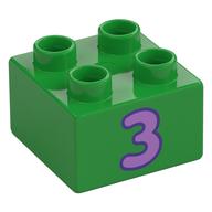 Duplo Brick 2 x 2 with Lavender '3' Print (Bright Green)