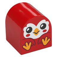 Duplo Brick 2 x 2 x 2 Curved Top with Sitting Bird, White Face with Open Eyes, Bright Light Orange Feet Print (Red)