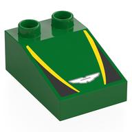 Duplo Brick 3 x 2 Slope 33° with Black and Yellow Panels, Aston Martin Winged Logo Print (Green)