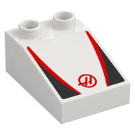 Duplo Brick 3 x 2 Slope 33° with Black and Red Panels, Red 'H' in Circle Print (White)