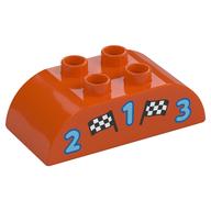 Duplo Brick 2 x 4 Curved Top with 2 Checkered Flags and '1', '2', and '3' Print (Reddish Orange)