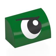 Brick Curved 1 x 2 x 1 No Studs with Eye, Looking Right, Angry Print (Green)