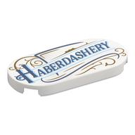Tile Round 2 x 4 with Dark Blue 'HABERDASHERY', Gold Decorations Print (White)