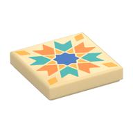 Tile 2 x 2 with Dark Turquoise/Orange Chevrons, Bright Light Orange Diamond, BlieStar Print (Tan)