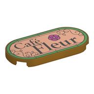 Tile Round 2 x 4 with 'Café Fleur' on Nougat Background, Green Stained Glass Border Print (Pearl Gold)