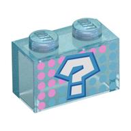 Brick 1 x 2 with Dark Azure '?', Dark Pink/Dark Turquoise Dots Print (Opal Trans-Light Blue)