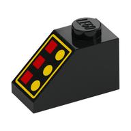 Brick Sloped 45° 2 x 1 with Bottom pin, with 3 Red Lamps, 3 Yellow Buttons, Yellow Border Print (Reissue) (Black)