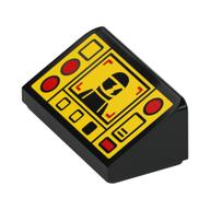 Brick Sloped 30° 1 x 2 x 2/3 with Yellow Control Panel, Black Minifig, Red Buttons Print (Black)