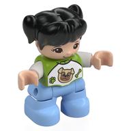 Duplo Figure Child with Ponytails and Bangs Black, with Top with White Sleeves, Bright Light Blue Legs (Lime)