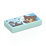 Tile 1 x 2 with Cat Food Box, Cat, White 'MEOW BITS' Print (Light Aqua)