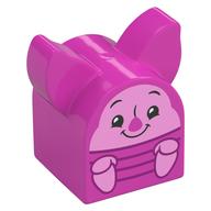 Duplo Brick 2 x 2 x 2 Curved Top with Long Pointed Ears, Piglet Print (Dark Pink)