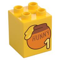 Duplo Brick 2 x 2 x 2 with '1', 'HUNNY', Honey Pot Print (Yellow)