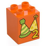 Duplo Brick 2 x 2 x 2 with '2', Party Hats Print (Orange)