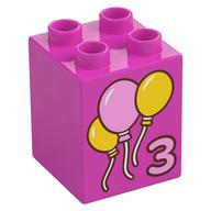 Duplo Brick 2 x 2 x 2 with '3', Bright Pink/Yellow Balloons Print (Dark Pink)