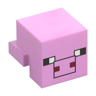 Minifig Head Special, Cube with Rear Ledge, Pixelated Black, White and Dark Red Face, Black Snout Outline Print (Pig) (Bright Pink)