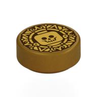Tile Round 1 x 1 with Dark Red Doubloon, Minifig Head Print (Pearl Gold)