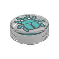 Tile Round 1 x 1 with Dark Turquoise Beetle Print (Trans-Clear)