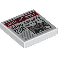 Tile 2 x 2 with Newspaper Daily Bugle 'RHINO ESCAPES FROM ZOO!' Print (White)
