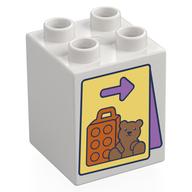 Duplo Brick 2 x 2 x 2 with Sign, Arrow, Bear, Suitcase Print (White)