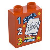 Duplo Brick 1 x 2 x 2 with '1, 2, 3', Sunglasses, Note, Pencils Print (Reddish Orange)