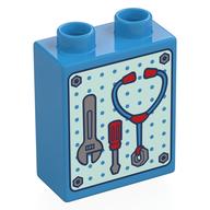 Duplo Brick 1 x 2 x 2 with Tool Rack, Wrench, Screwdriver, Stethoscope Print (Dark Azure)
