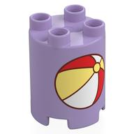 Duplo Brick Round 2 x 2 x 2 with Red/White/Bright Light Yellow Beachball Print (Lavender)