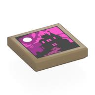 Tile 2 x 2 with Black House Silhouette, Dark Purple/Dark Pink Sky, Moon Print (Dark Tan)