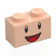 Brick Special 1 x 2 with 2 Studs on 1 Side, with Face, Black Eyes and Open Mouth Smile Print (Light Nougat)