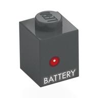 Brick 1 x 1 with 'BATTERY', Red Dot Print (Dark Bluish Gray)