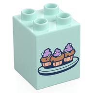 Duplo Brick 2 x 2 x 2 with Cupcakes on Plate Print (Light Aqua)