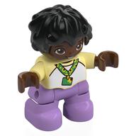 Duplo Figure Child with Short Wavy Hair Black, Sunflower Lanyard, Medium Lavender Legs (Bright Light Yellow)