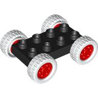 Duplo Car Base 2 x 4 with Fixed Axles - 27.5 White Tires & Red Wheels (Black)