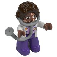 Duplo Figure with Hair Side Parted Dark Brown, Dark Purple Legs, White Top, White Arms, Attached Stethoscope (Medic) (White)