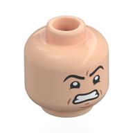 Minifig Head Peter Parker, Black Eyebrows, Open Mouth Smile, Raised Eyebrow / Angry Scowl (Light Nougat)