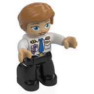 Duplo Figure with Thick Short Hair Combed over Forehead and Bun Nougat, Pilot Uniform, Black Legs (White)