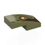 Brick Curved 2 x 1 No Studs with Yellow Eye Left, Dark Brown Shape Print (Olive Green)