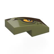 Brick Curved 2 x 1 No Studs with Yellow Eye Right, Dark Brown Shape Print (Olive Green)