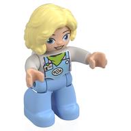 Duplo Figure with Long Hair Parted on Left Bright Light Yellow, Bright Light Blue Legs, Lime Neckerchief Print (White)