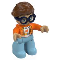 Duplo Figure with Hair Swept Right Reddish Brown, Dark Blue Glasses, with Medium Azure Legs, Shirt Print (Orange)