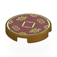 Tile Round 2 x 2 with Gold Coin, Dark Red Background, Gold Decorations Print (Pearl Gold)